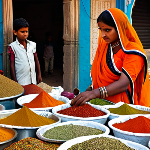 Home 15 **
"A bustling marketplace in Rajasthan, India, filled with vibrant colors and traditional clothing. Women in saris are selling spices and textiles, children are playing games, and men are bargaining for goods. Focus on the rich details of the scene, with perfect anatomy and natural proportions, safe for work, appropriate content, fully clothed, professional photography, high quality."
**