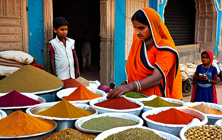 **
"A bustling marketplace in Rajasthan, India, filled with vibrant colors and traditional clothing. Women in saris are selling spices and textiles, children are playing games, and men are bargaining for goods. Focus on the rich details of the scene, with perfect anatomy and natural proportions, safe for work, appropriate content, fully clothed, professional photography, high quality."
**