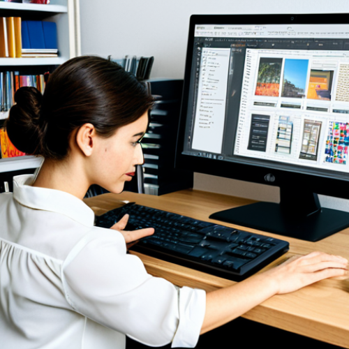 Home 8 Professional Font Selection**
"A graphic designer selecting fonts on a computer screen, surrounded by design books and a color palette. She is wearing a professional blouse and skirt, fully clothed. The scene takes place in a bright, modern office. Safe for work, appropriate content, perfect anatomy, natural proportions, professional, modest clothing, well-formed hands."
**