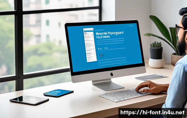 폰트 호환성 문제 해결 팁 - A modern web designer working on a laptop displaying a Hindi blog webpage, focusing on the clear ren...