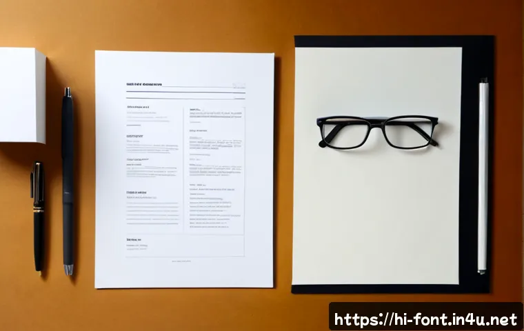 이력서에 사용하기 좋은 폰트 - Photorealistic overhead view of a tidy professional desk with two elegant blank resume sheets side b...