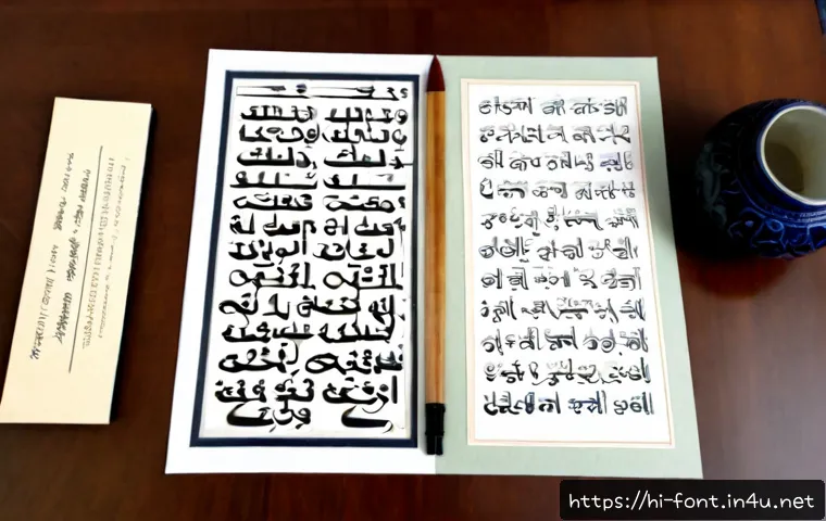 글꼴과 서체의 차이점 - Photorealistic split-screen comparison of traditional typeface design and modern font use: left side...
